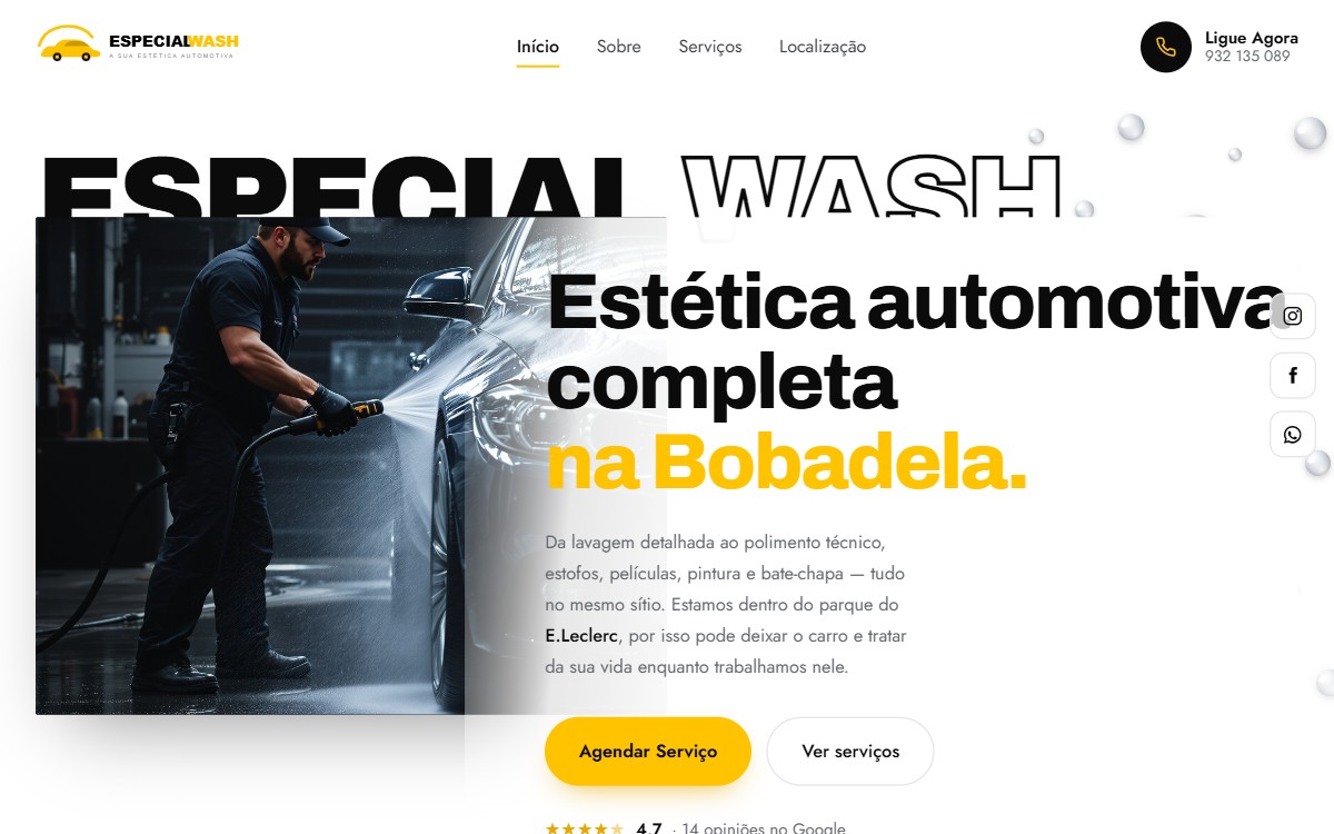 Página inicial do site da Especial Wash, com o hero da marca e os serviços.